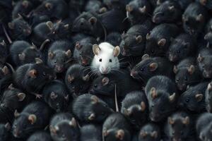 White mouse in a large group of black rodents photo