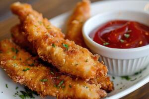 Crispy fish strips with ketchup. photo