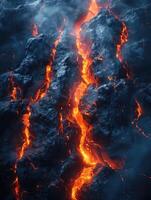 Magma, scorched rock floor with molten rocks and lava cracks. photo