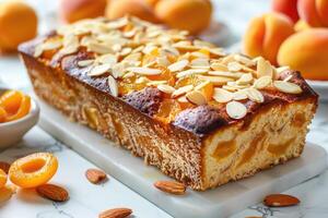 Pound cake with slivered almonds on top, apricots in background, on a white marble background photo