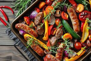 Baked sausage with vegetables on a baking sheet photo