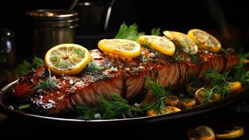 Delicious fried baked salmon fish with lemons video