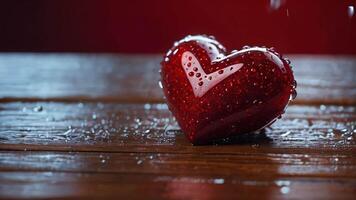 a red heart sitting on top of a wooden table covered in drops of water and flecks of red glitter video