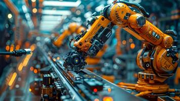 robotic arms working on assembly line in factory. Concept of artificial intelligence for industrial revolution and automation manufacturing process video