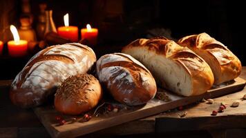 Fresh buns bread pastry lies on the table in the cafe bakery selective focus blurred background video