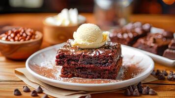 delicioso fresco chocolate Brownie bolo coberto com chocolate delicioso dentro uma cafeteria ou padaria em uma branco prato video