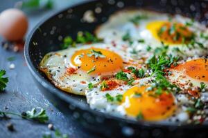 Fried eggs cooked with spices and herbs in a pan. Delicious hot dish, close-up. photo