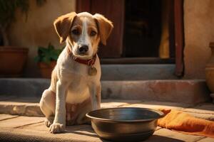 un perro es esperando a ser alimentado en frente de el casa foto