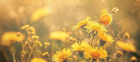 Butterflies on wild yellow flowers in sunlight photo