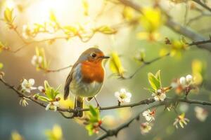 European robin perched on a branch in spring nature photo