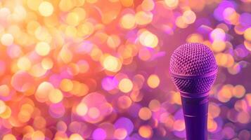 Microphone on stage with purple glitter light. Microphone for speech singing karaoke party photo
