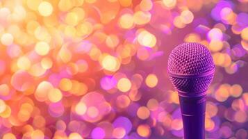 Microphone on stage with purple glitter light. Microphone for speech singing karaoke party photo