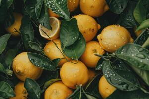 Ripe wet lemons lying in a pile with green leaves. Harvesting. photo