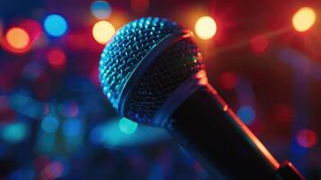 Modern professional microphone in a recording studio. Close up of microphone on stage with purple light. photo