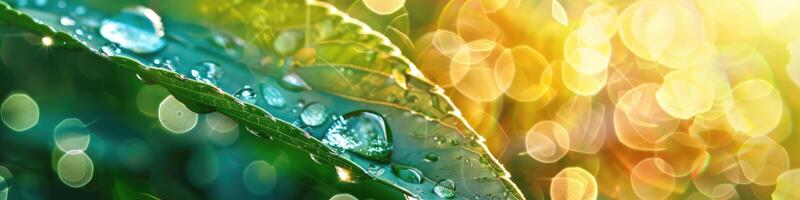 Beautiful water drops sparkle in sun on leaf in sunlight, macro. Droplet of morning dew outdoor, beautiful round bokeh. Purity of nature. photo