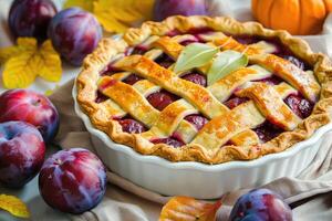 Homemade plum pie. Autumn plum pie. photo
