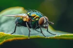 Macro photography of a green bottle fly on a leaf. Insect life in nature. photo