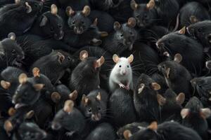 White mouse in a large group of black rodents photo