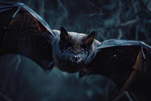 Flying bat with intense gaze in the dark photo