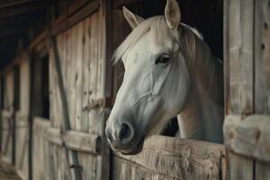 Close-up of a white horse inside his stable photo