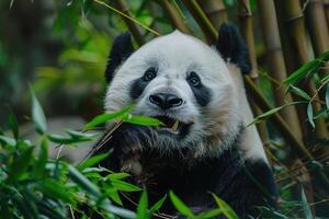 un panda masticación en bambú foto