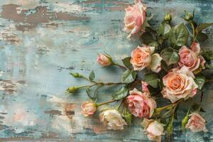 A bouquet of delicate roses elegantly arranged against an artistically painted blue textured background photo