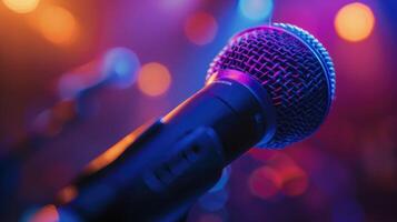Modern professional microphone in a recording studio. Close up of microphone on stage with purple light. photo
