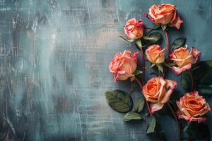 A bouquet of delicate roses elegantly arranged against an artistically painted blue textured background photo