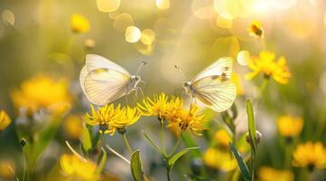 mariposas en salvaje amarillo flores en luz de sol foto