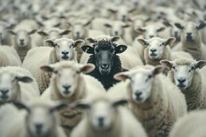 Black sheep standing out among white sheep photo