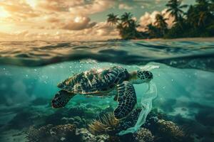 World ocean pollution, Turtle and plastic bags underwater. photo
