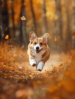 linda pequeño galés corgi pembroke perrito corriendo al aire libre en otoño campo. contento sonriente perro. gracioso mascota foto