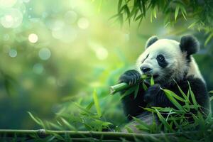 Panda chewing bamboo in bamboo forest on blurred background photo