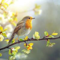 European robin perched on a branch in spring nature photo