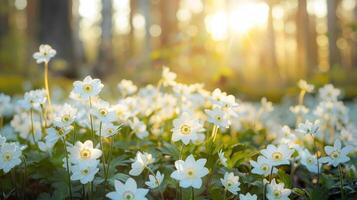 White primroses in spring in the forest close-up in sunlight in nature. Spring forest with blooming white anemones photo