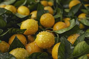 Ripe wet lemons lying in a pile with green leaves. Harvesting. photo