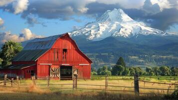 Traditional American farm with a red wooden barn. Old red barn in rural photo