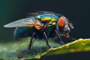 Macro photography of a green bottle fly on a leaf. Insect life in nature. photo