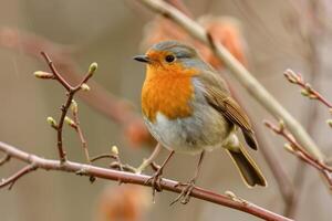 European robin perched on a branch in spring nature photo