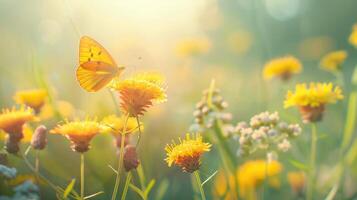 Butterflies on wild yellow flowers in sunlight photo