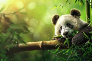 Panda chewing bamboo in bamboo forest on blurred background photo