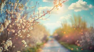 primavera paisaje. hermosa naturaleza con floración sauce ramas y un camino foto