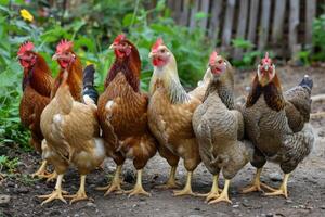 un grupo de pollos en pie siguiente a cada otro foto