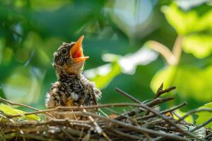 joven pájaro en nido con abierto boca esperando a ser alimentado. foto