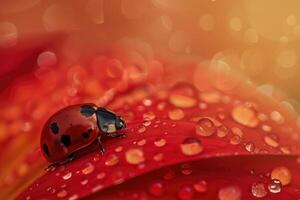 A ladybug sitting on a red flower on blurred background photo