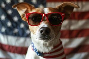 A dog wearing sunglasses and an american flag photo