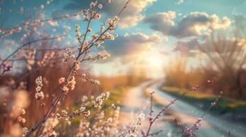 Spring landscape. Beautiful nature with flowering willow branches and a path photo