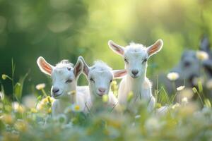 pequeño gracioso bebé cabras en el salvaje foto