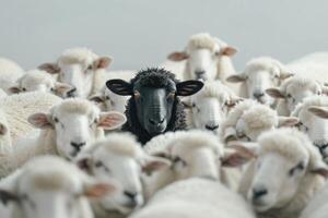 Black sheep standing out among white sheep photo