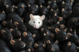 blanco ratón en un grande grupo de negro roedores foto